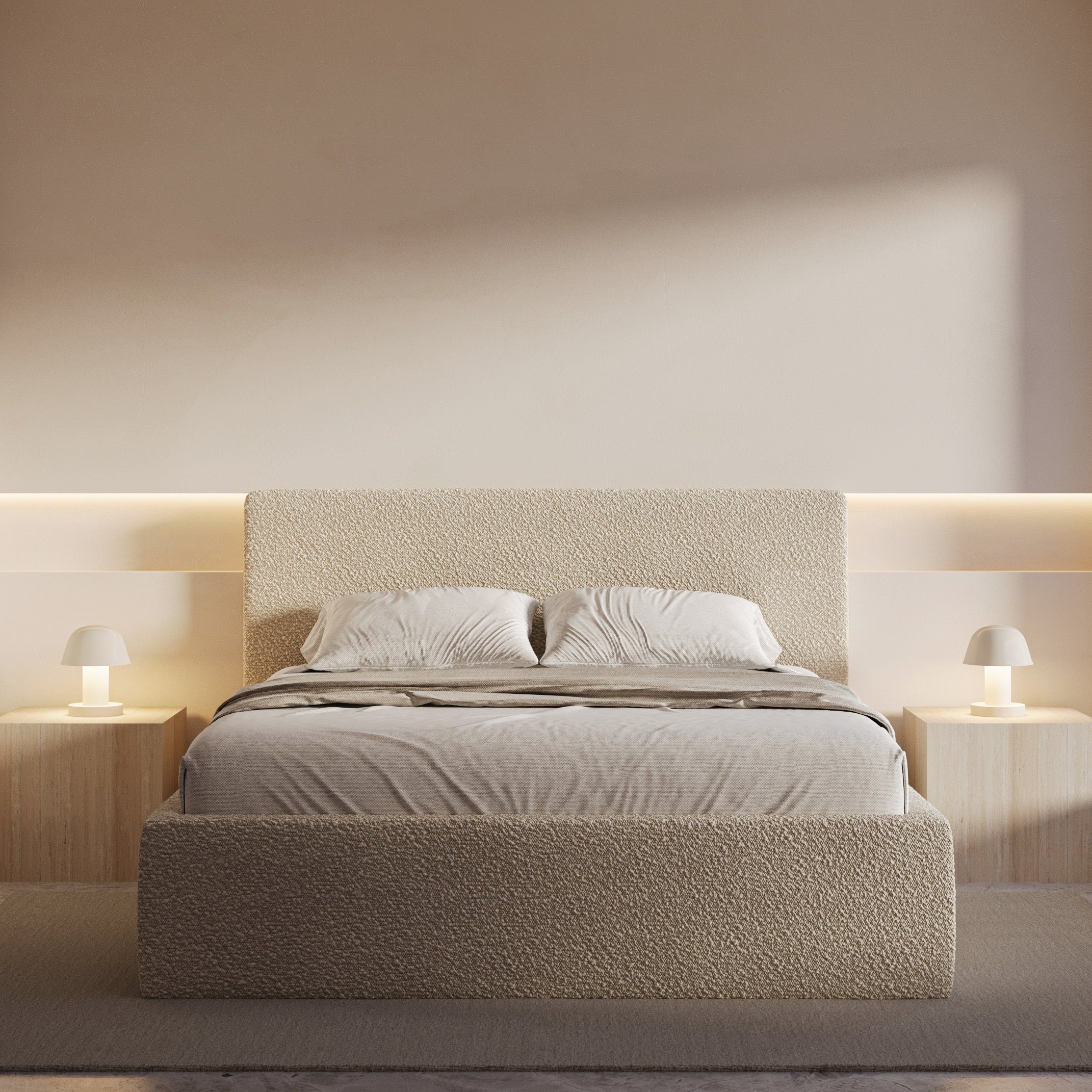 Modern bedroom with a bed, nightstands, and wall lights.