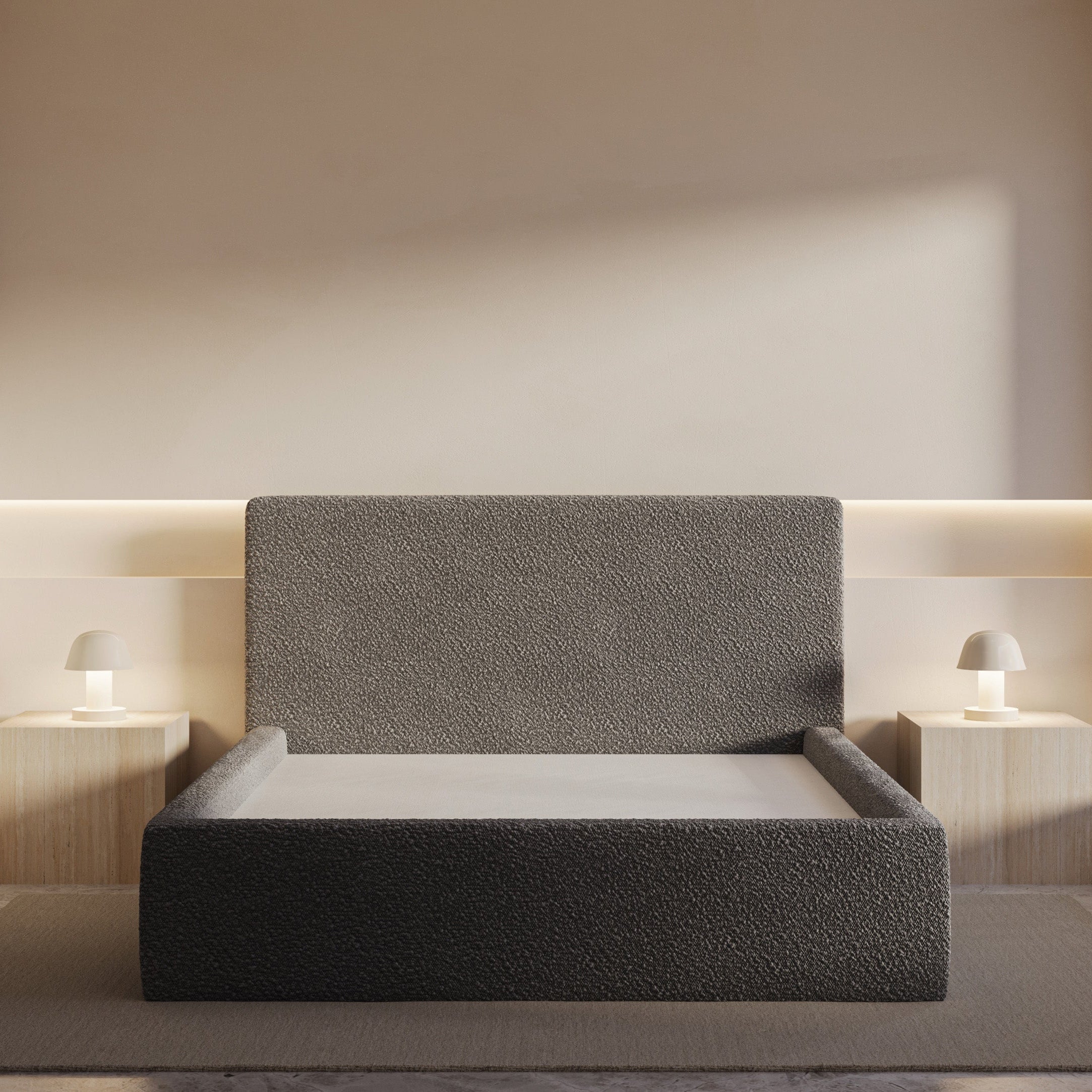 Modern bedroom with a gray bed and minimal decor