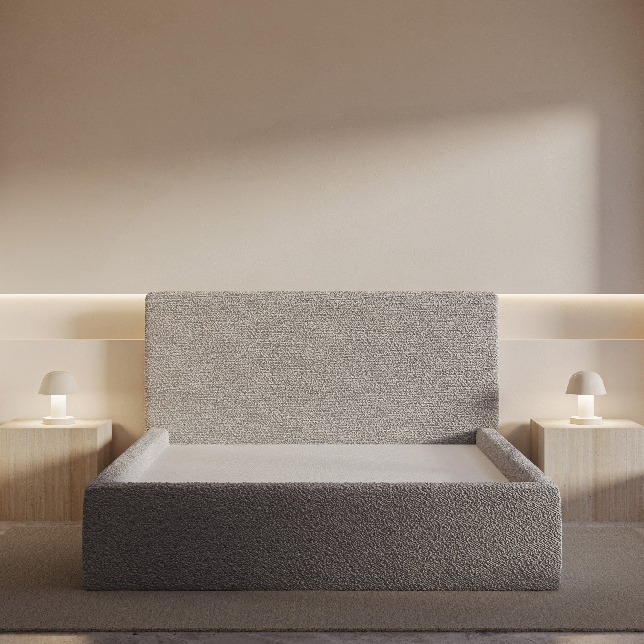 Modern bedroom with a gray bed and minimalistic design.